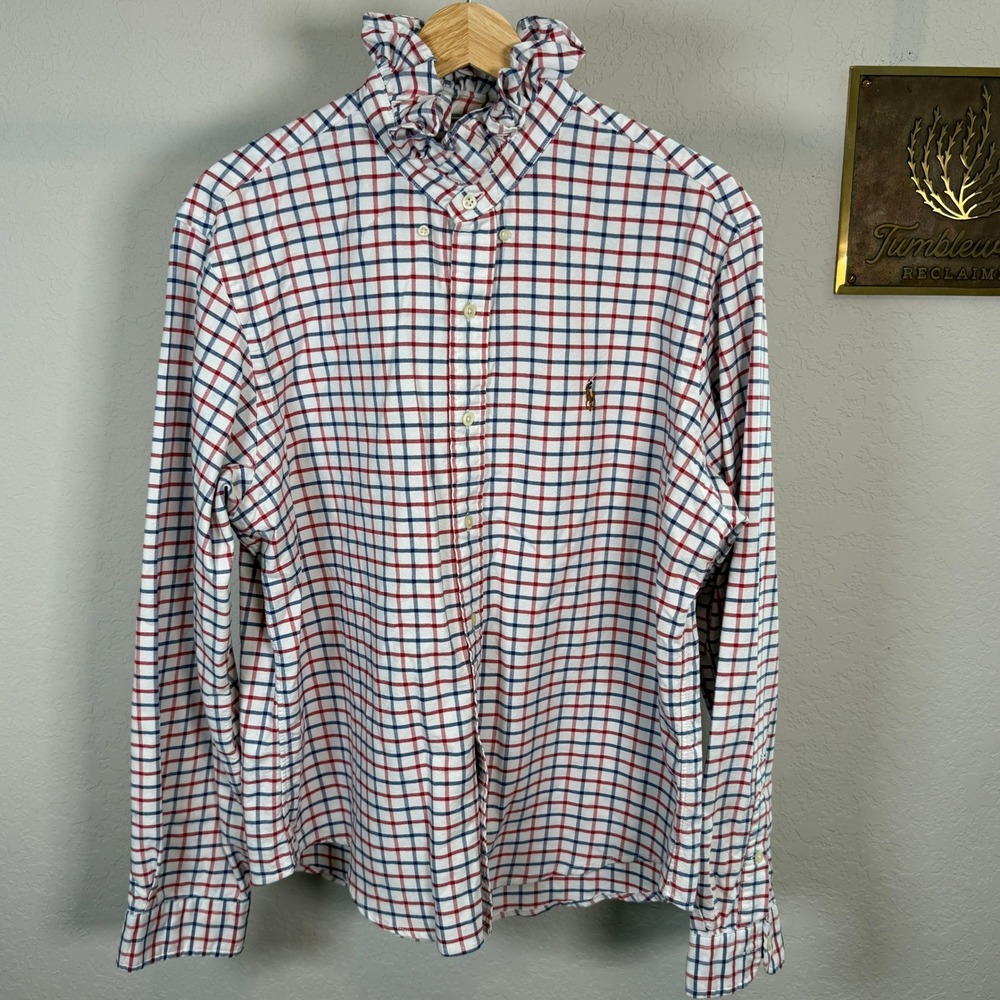 Ralph Lauren Ruffle Collar Tattersall Check American Flag Patch Shirt Womens L - Picture 2 of 10